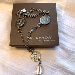 Silpada 925 sterling silver oxidized, etched coin and crystal drop pendant